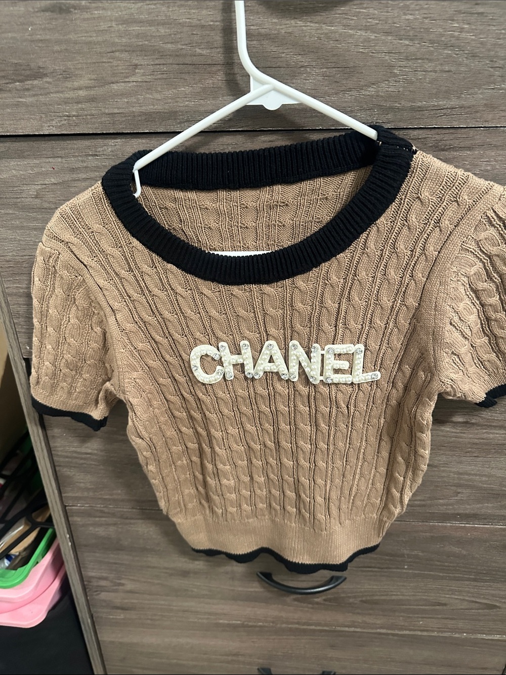 Brown Cable Knit Short Sleeve Sweater with Black Trim size S